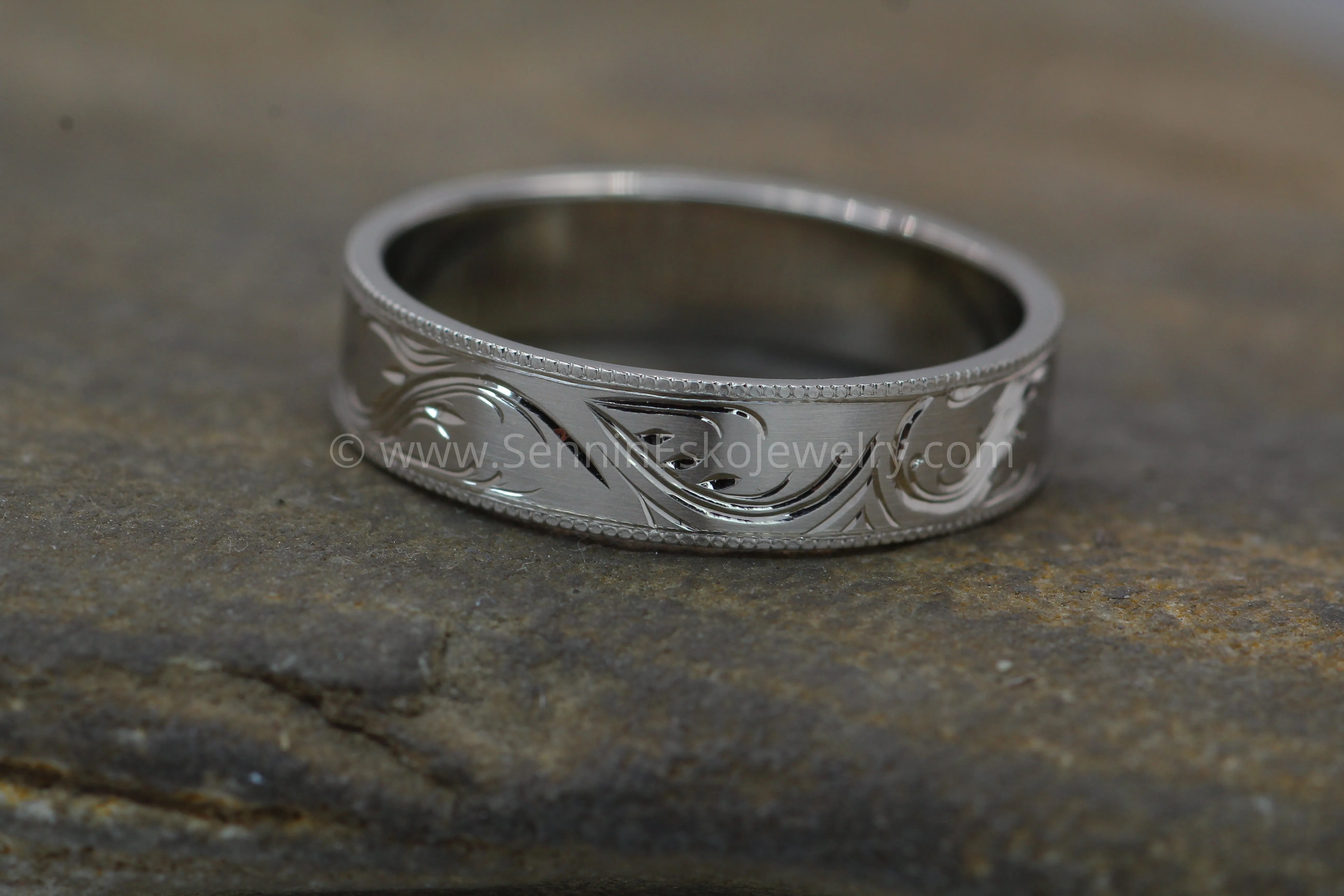 5x1mm Branches and Leaves Variation 2 14kt White Gold Bright Cut Engraved Band