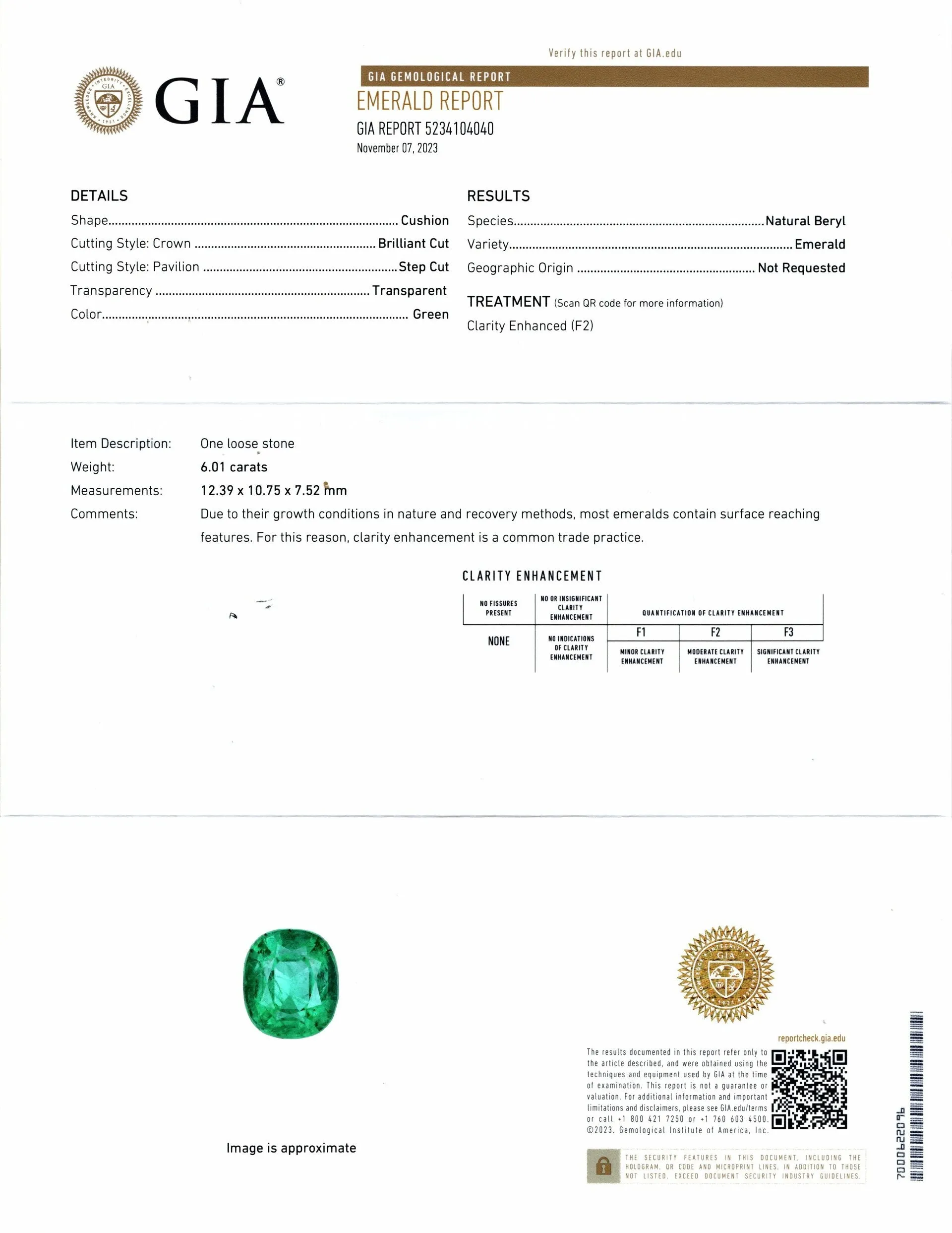 6 CARAT GIA CERTIFIED EMERALD CUSHION BRILLIANT CUT NATURAL LOOSE GEMSTONE 6ct