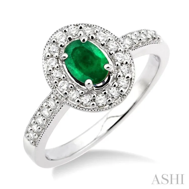 6x4mm Oval Cut Emerald and 1/4 Ctw Round Cut Diamond Ring in 14K White Gold