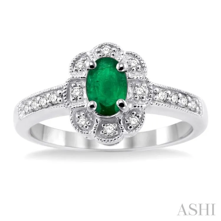 6x4mm Oval Cut Emerald and 1/6 Ctw Single Cut Diamond Ring in 10K White Gold