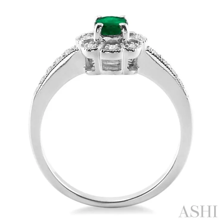 6x4mm Oval Cut Emerald and 1/6 Ctw Single Cut Diamond Ring in 10K White Gold