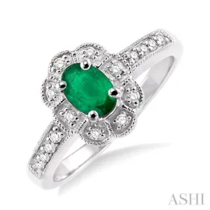 6x4mm Oval Cut Emerald and 1/6 Ctw Single Cut Diamond Ring in 10K White Gold