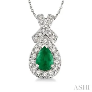 7x5mm Pear Shape Emerald and 1/2 Ctw Round Diamond Pendant in 14K White Gold with chain