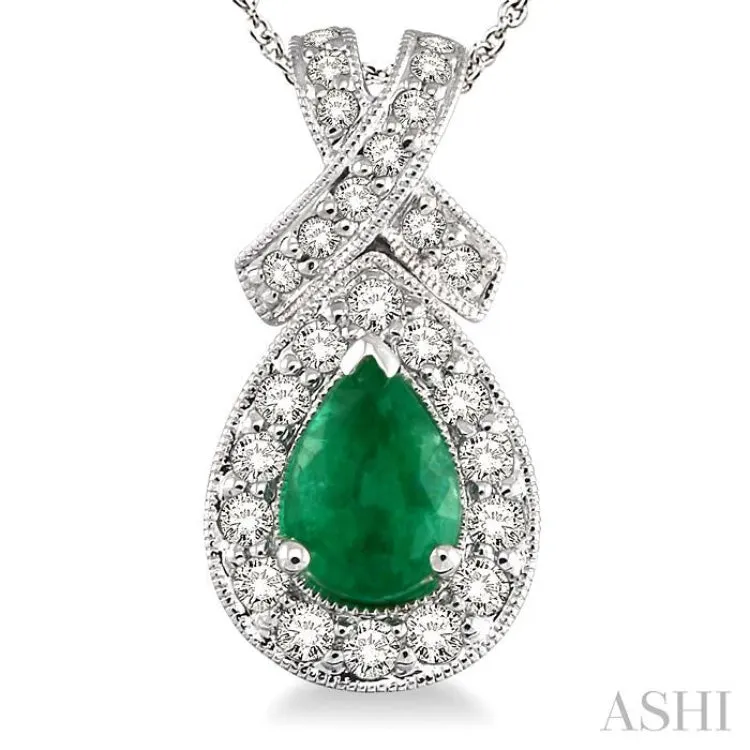 7x5mm Pear Shape Emerald and 1/2 Ctw Round Diamond Pendant in 14K White Gold with chain