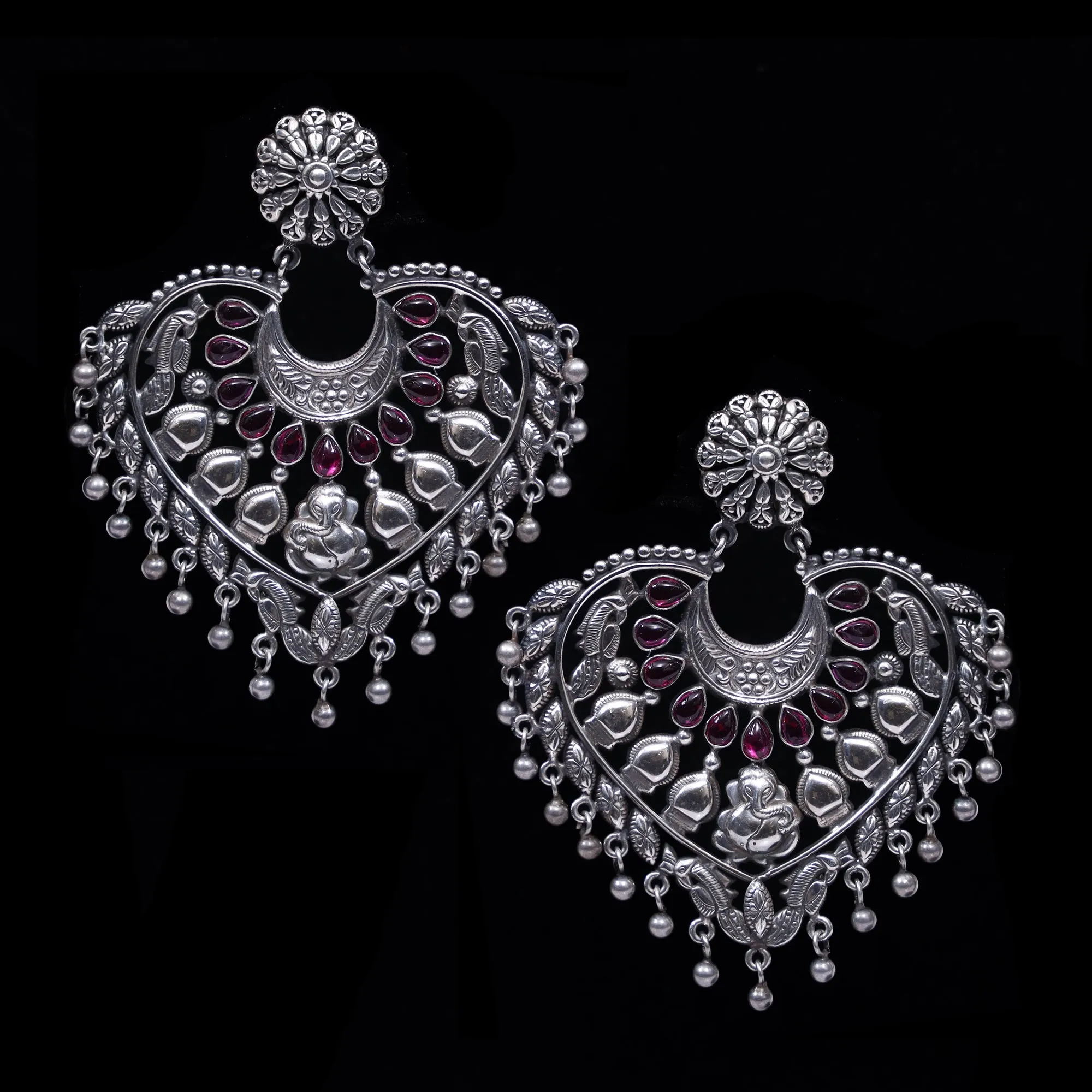 925 Silver Ganpati Handmade Earring With Ruby Color and Silver Ball Hanging