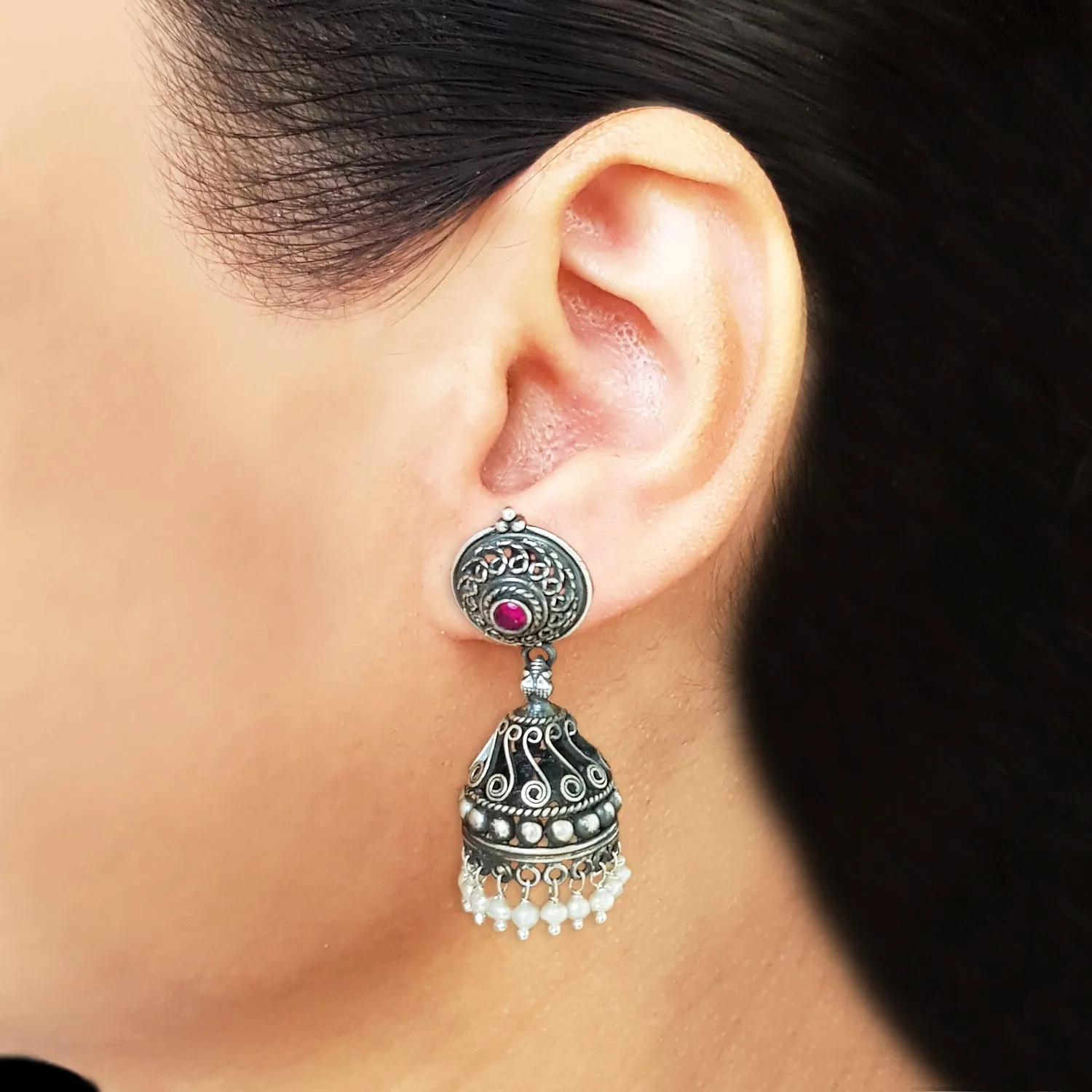 925 Silver Handcrafted Jhumki With Ruby Red Center And Pearls