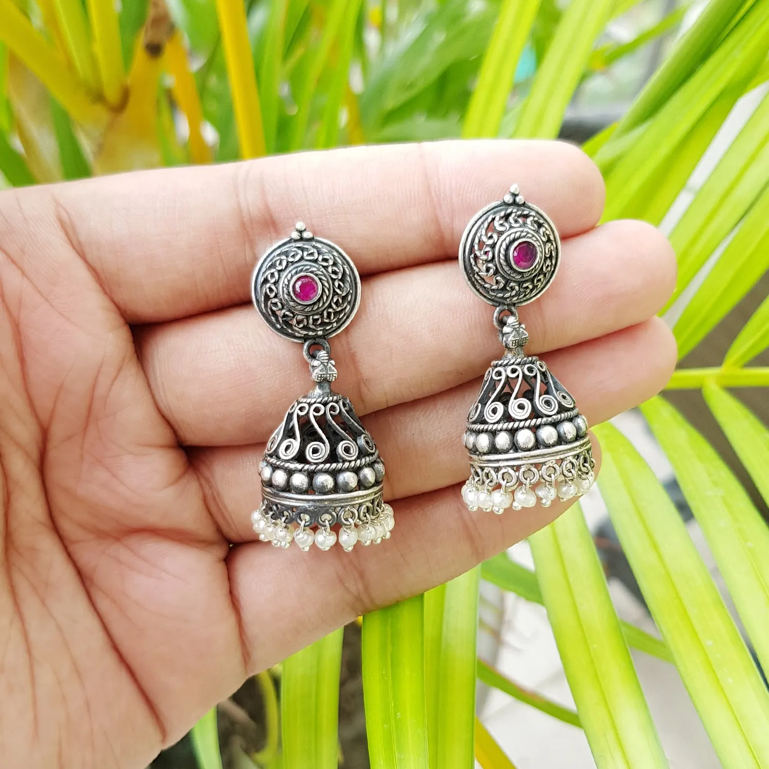 925 Silver Handcrafted Jhumki With Ruby Red Center And Pearls