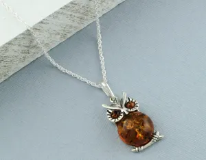 925 Sterling Silver Baltic Amber Owl Pendant Chain Necklace 24"