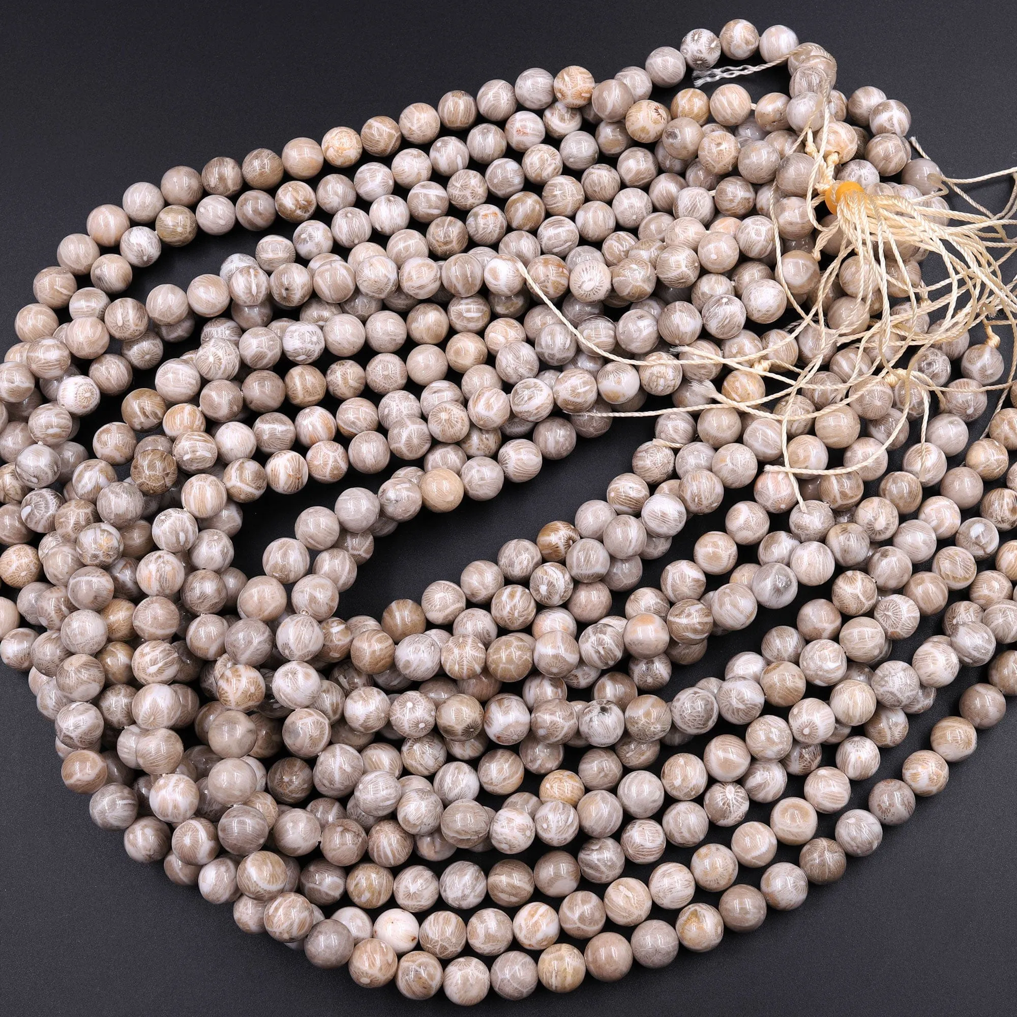 A  Natural Michigan Petoskey Stone Fossil Coral Round 6mm  8mm 10mm 12mm Round Beads Earthy Gray Brown Tan Beige Beads 16" Strand