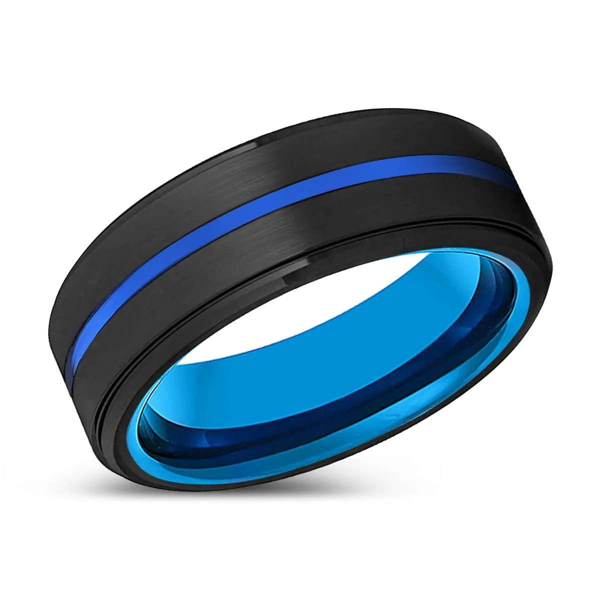 AKIYAMA | Blue Tungsten Ring, Black Tungsten Ring, Blue Groove, Stepped Edge