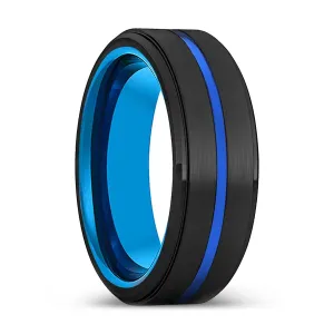 AKIYAMA | Blue Tungsten Ring, Black Tungsten Ring, Blue Groove, Stepped Edge