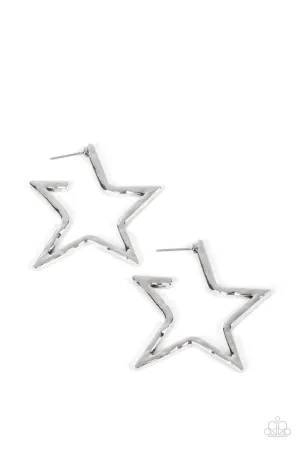 All-Star Attitude - Silver - Star Patriotic Americana Paparazzi Hoop Earrings