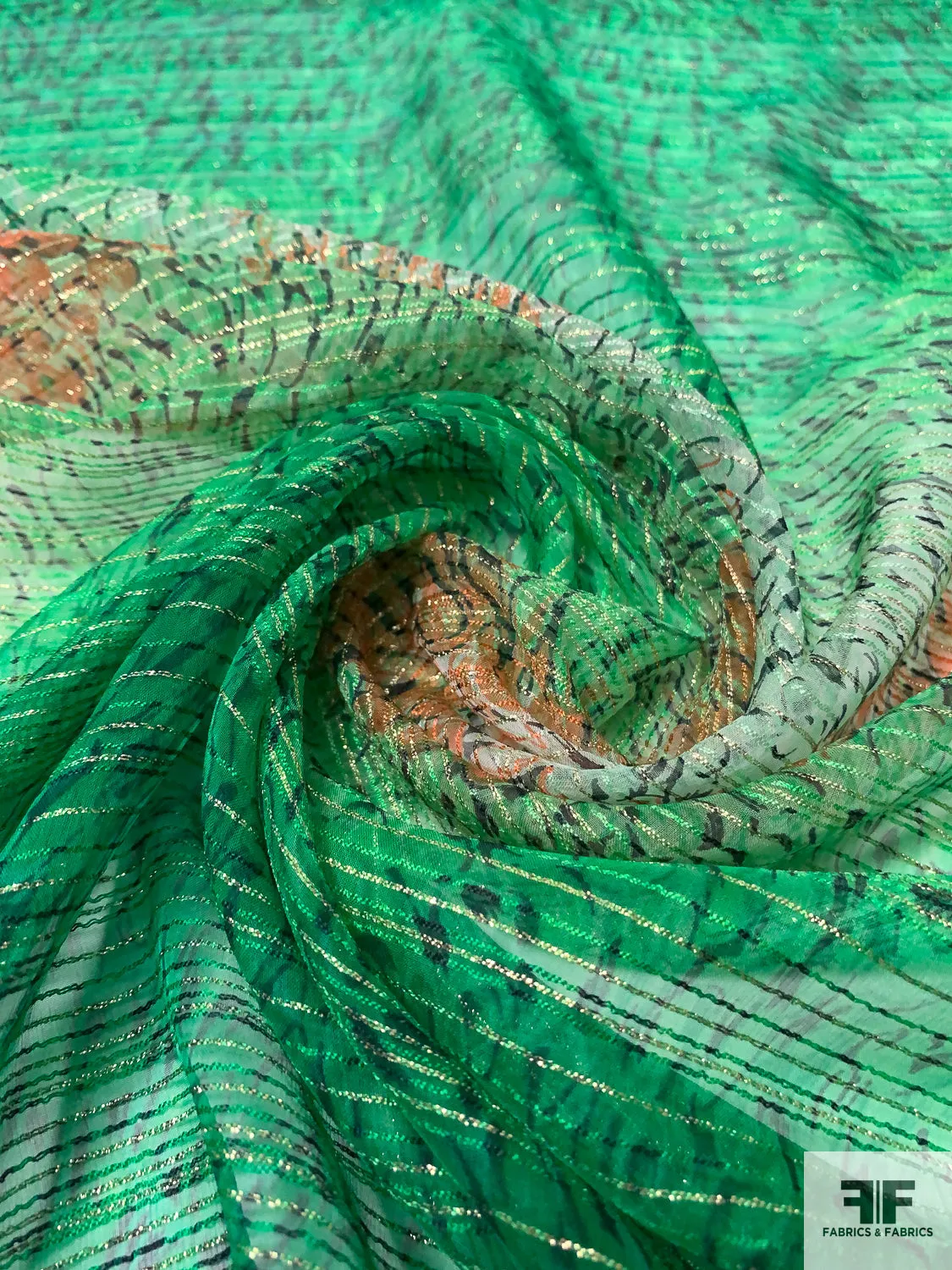 Amazon Jungle Inspired Silk Chiffon with Threadwork and Lurex Pinstripes - Green / Coral-Brown / Black / Gold