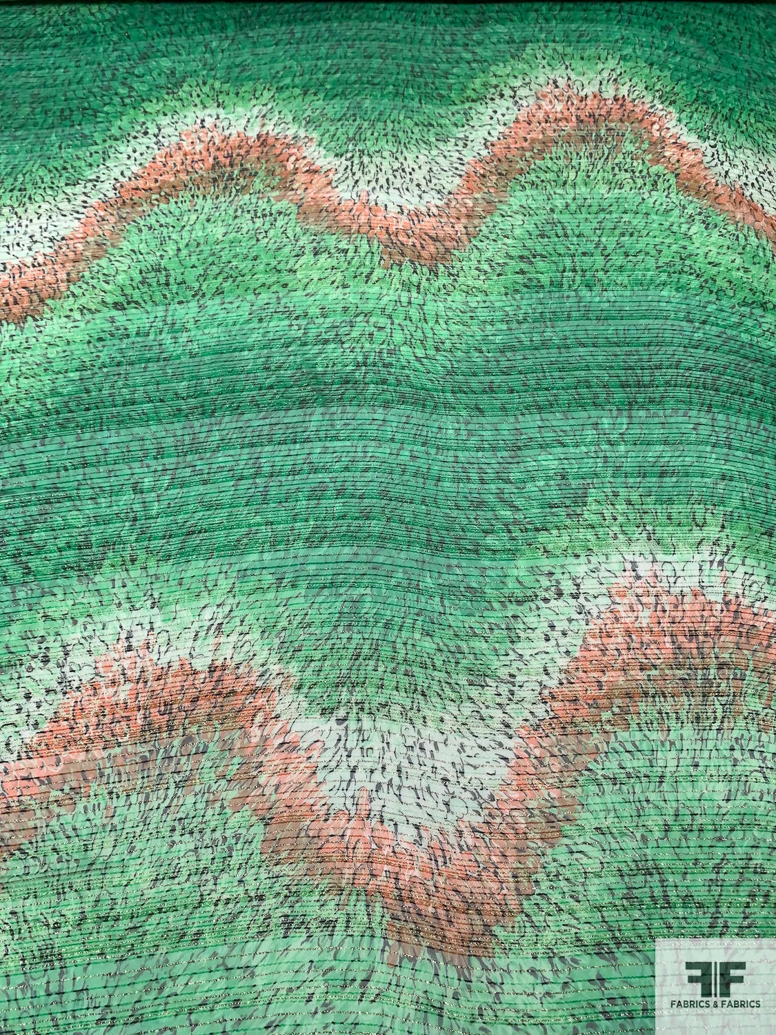 Amazon Jungle Inspired Silk Chiffon with Threadwork and Lurex Pinstripes - Green / Coral-Brown / Black / Gold