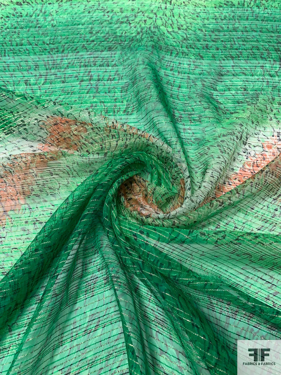 Amazon Jungle Inspired Silk Chiffon with Threadwork and Lurex Pinstripes - Green / Coral-Brown / Black / Gold