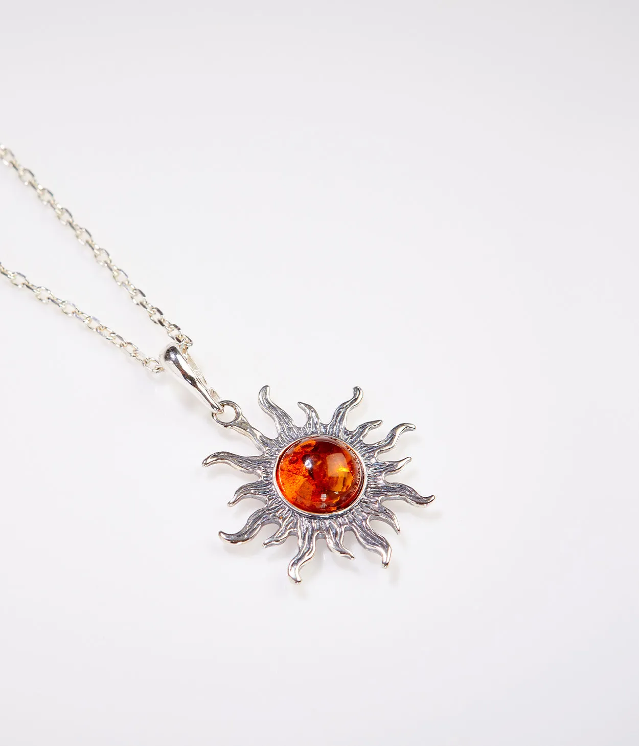 Amber Sun Charm Pendant - Radiant Baltic Amber & Intricate Sterling Silver, 45cm Anchor Chain