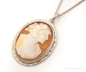 Antique Large Carved Shell Woman Cameo Sterling Silver Necklace