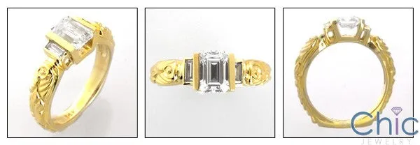 Antique Style 1 Carat Cubic Zirconia Emerald Cut Baguettes Cz Ring 14K Yellow Gold