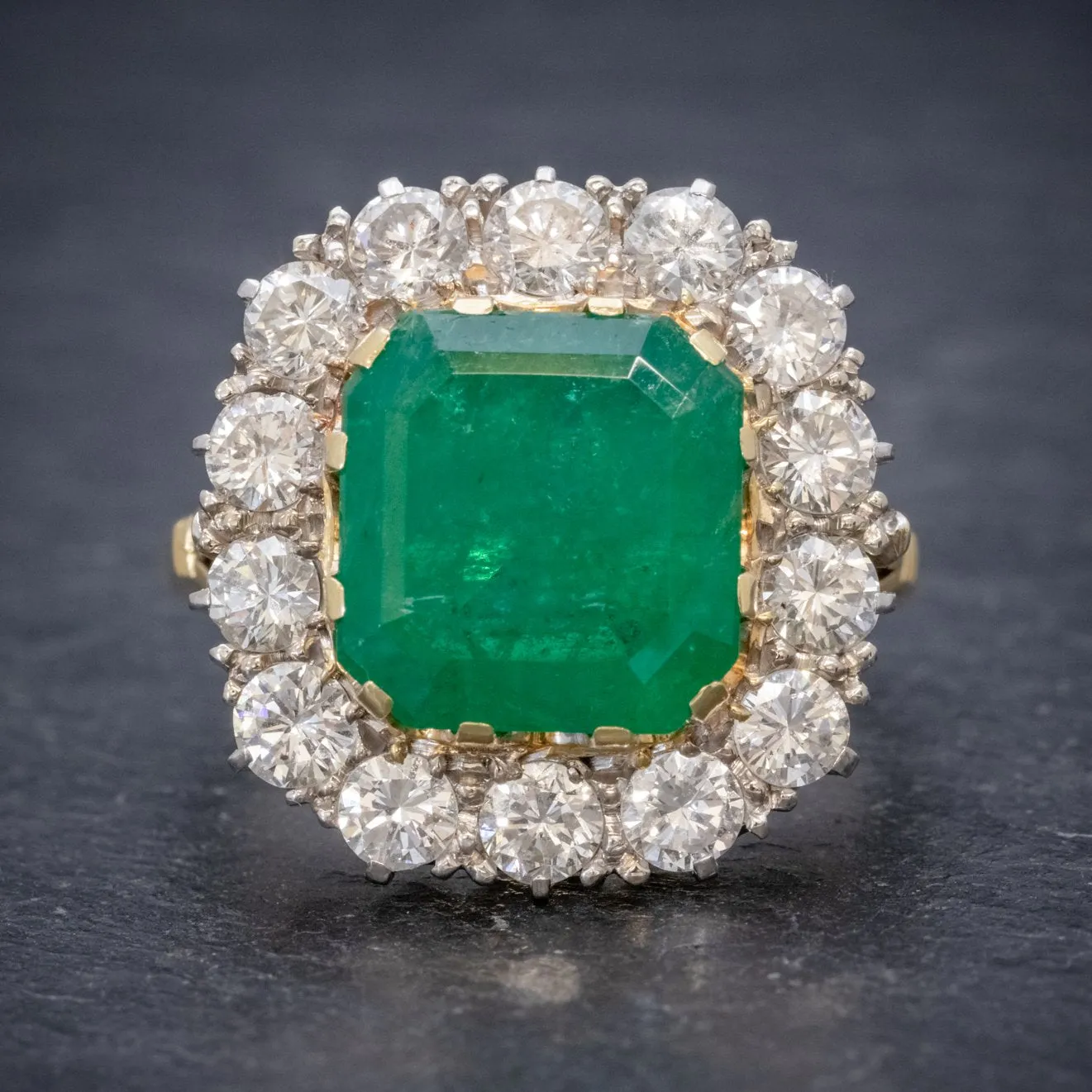 Art Deco Emerald Diamond Cluster Ring 18ct Gold 4.50ct Emerald Circa 1920