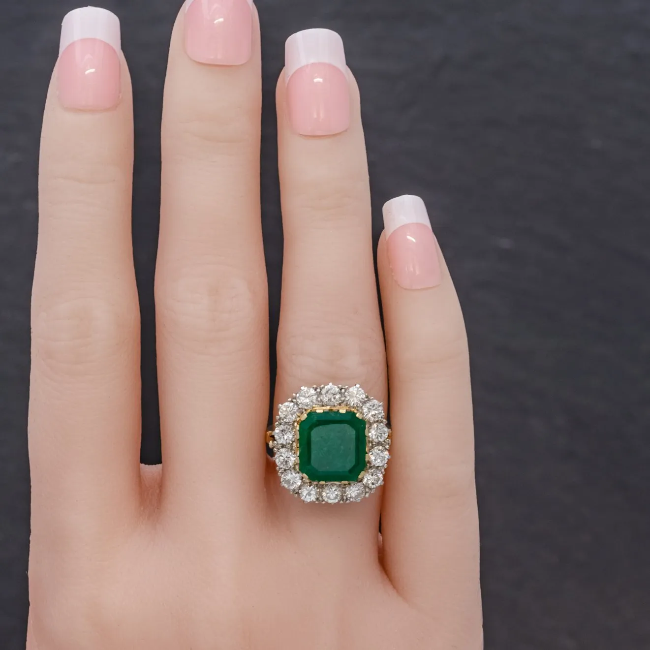 Art Deco Emerald Diamond Cluster Ring 18ct Gold 4.50ct Emerald Circa 1920