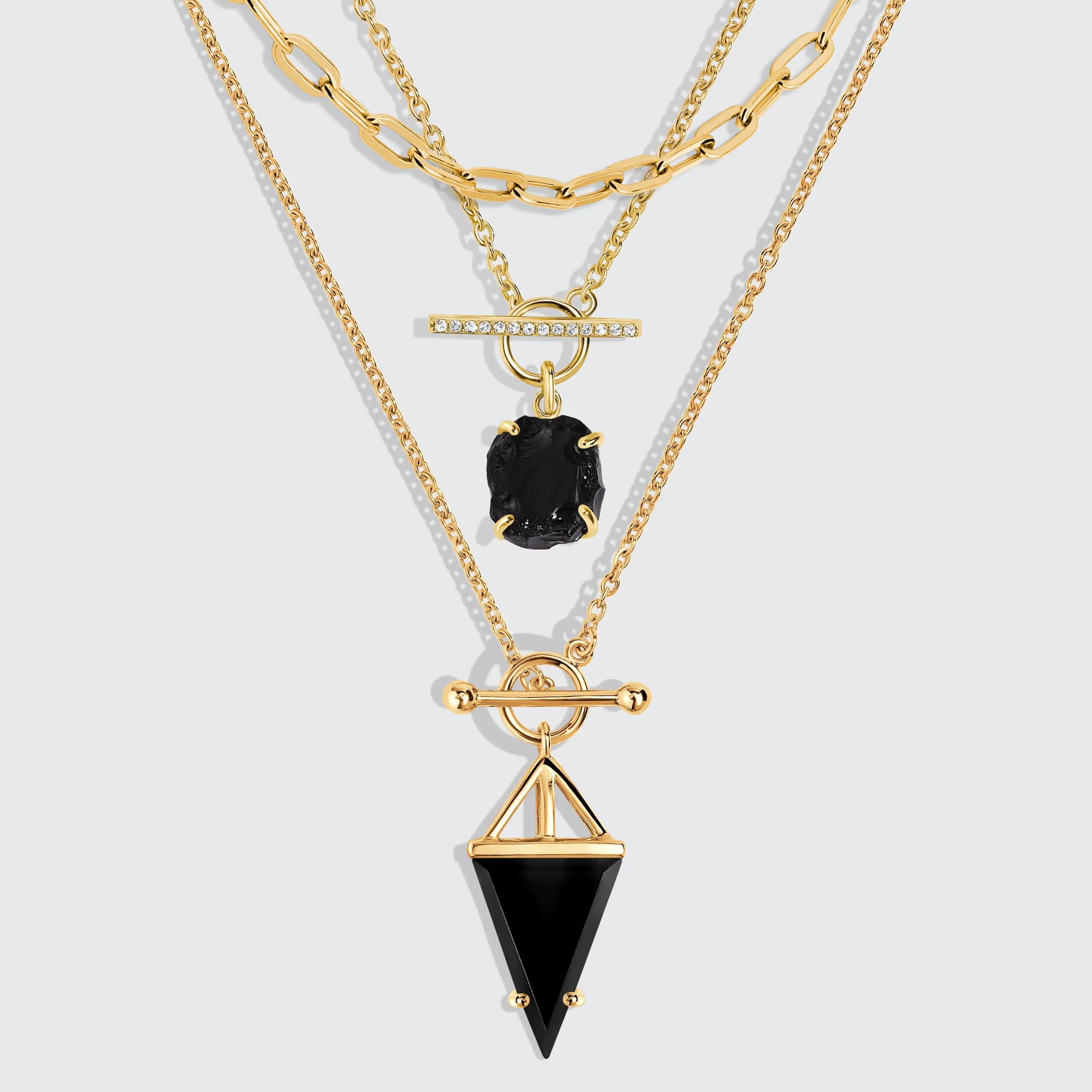 Black Obsidian Heroine T Lock & Raw Crystal T Lock Necklaces & Widelink Chain