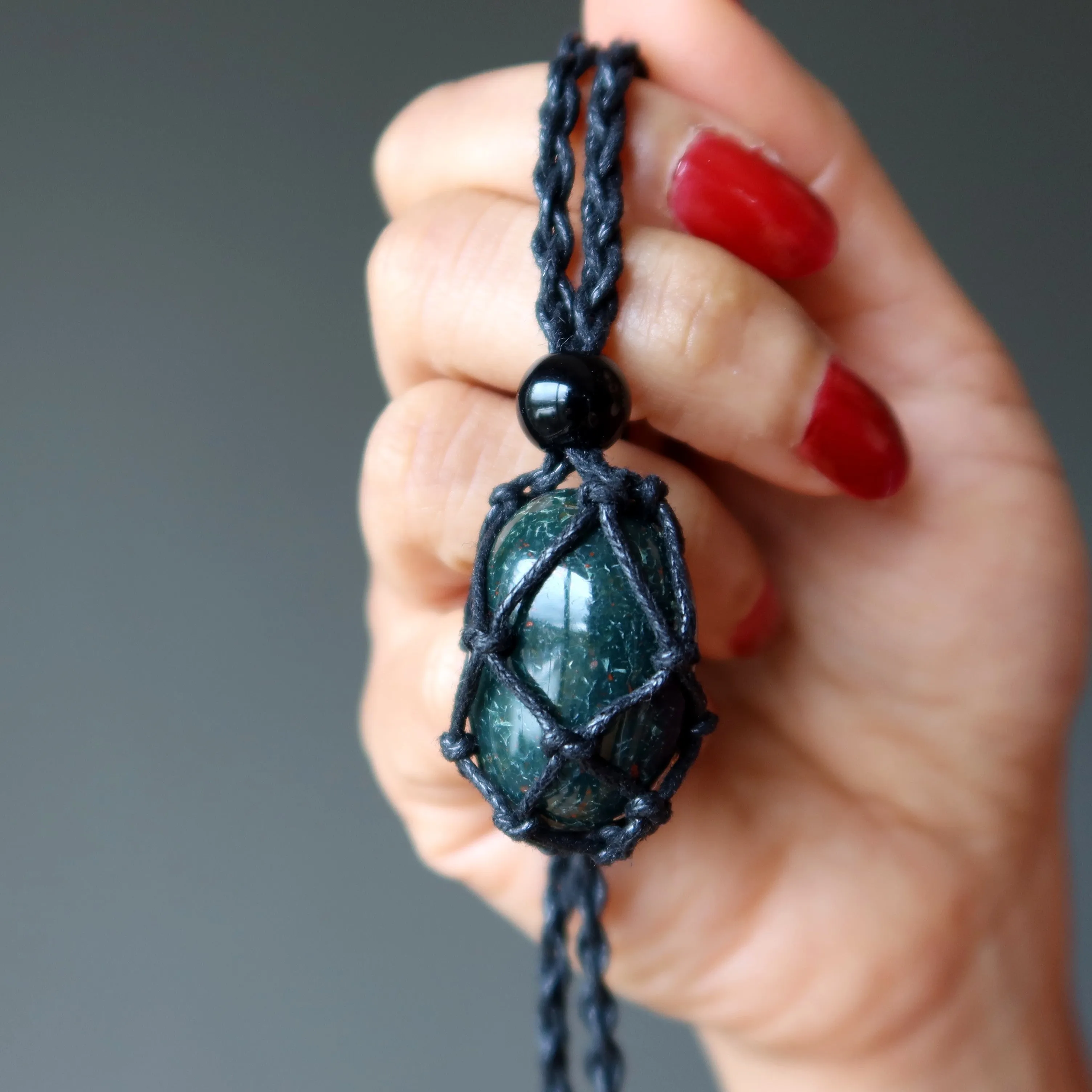 Bloodstone Necklace Carry Courage Tumbled Stone Macrame