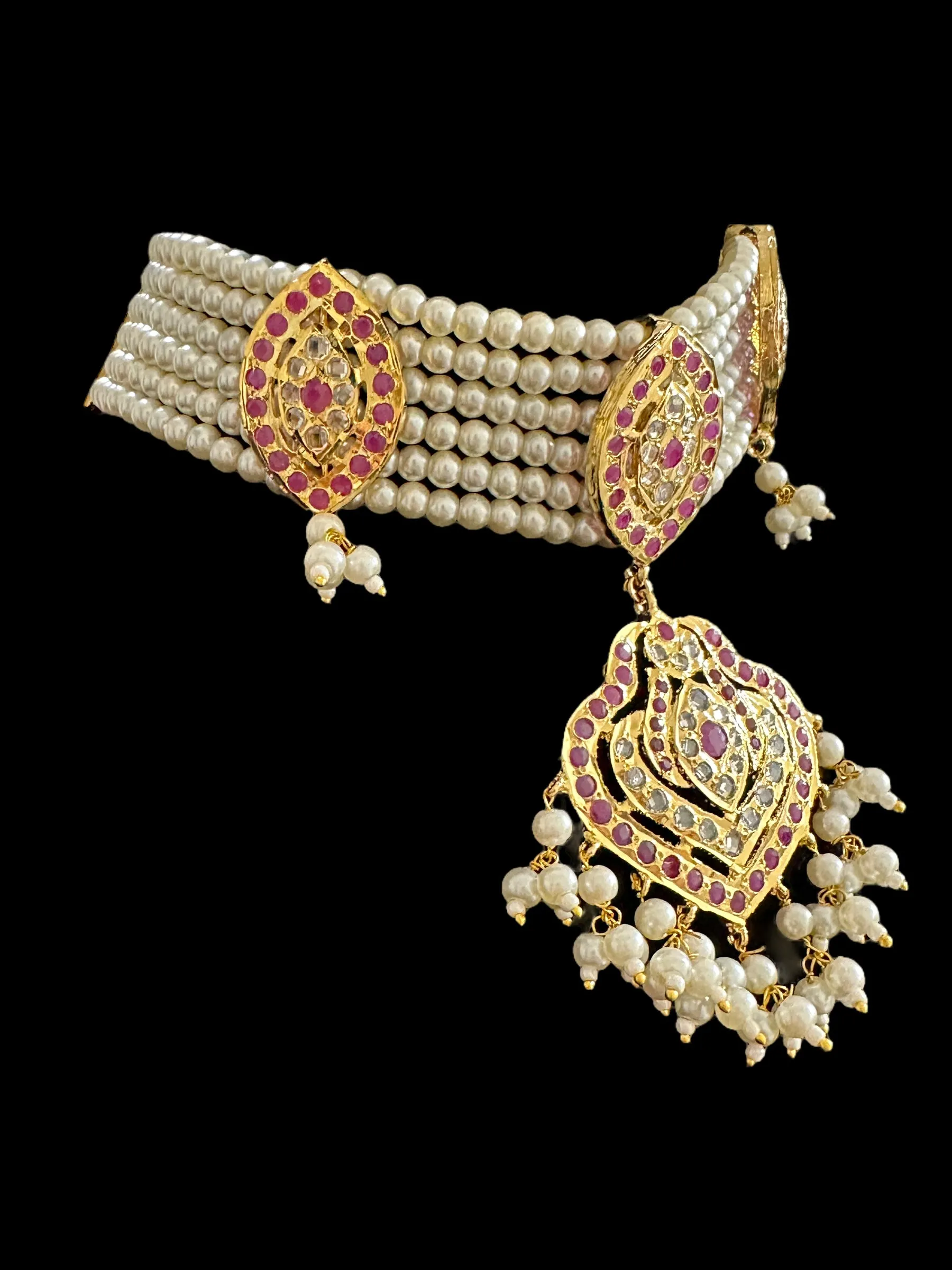 BR307 Gold plated bridal set with earrings tika in ruby ( READY TO SHIP)