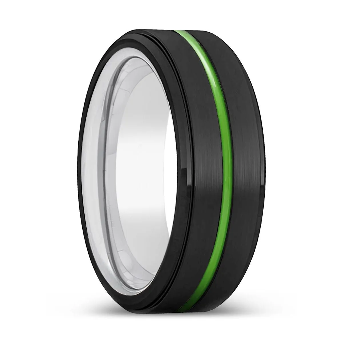 CARROLLTON | Silver Ring, Black Tungsten Ring, Green Groove, Stepped Edge