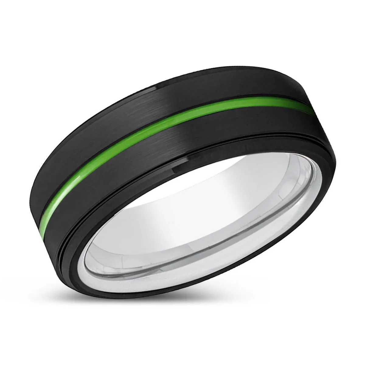 CARROLLTON | Silver Ring, Black Tungsten Ring, Green Groove, Stepped Edge