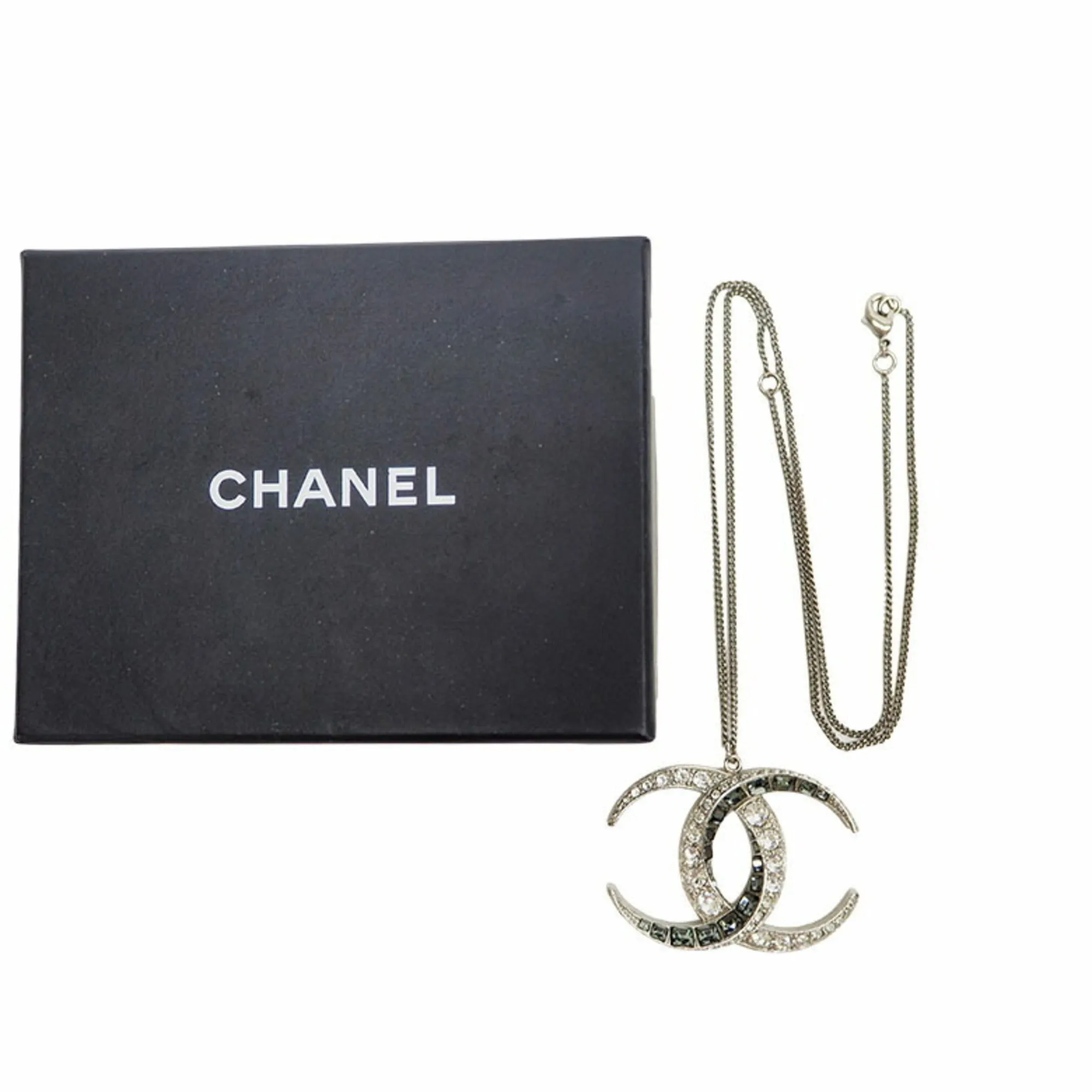 CHANEL B15C Rhinestone Coco Mark Necklace Big Long Chain Pendant