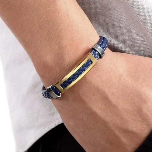 Classy Men Blue Gold Leather Band Bracelet