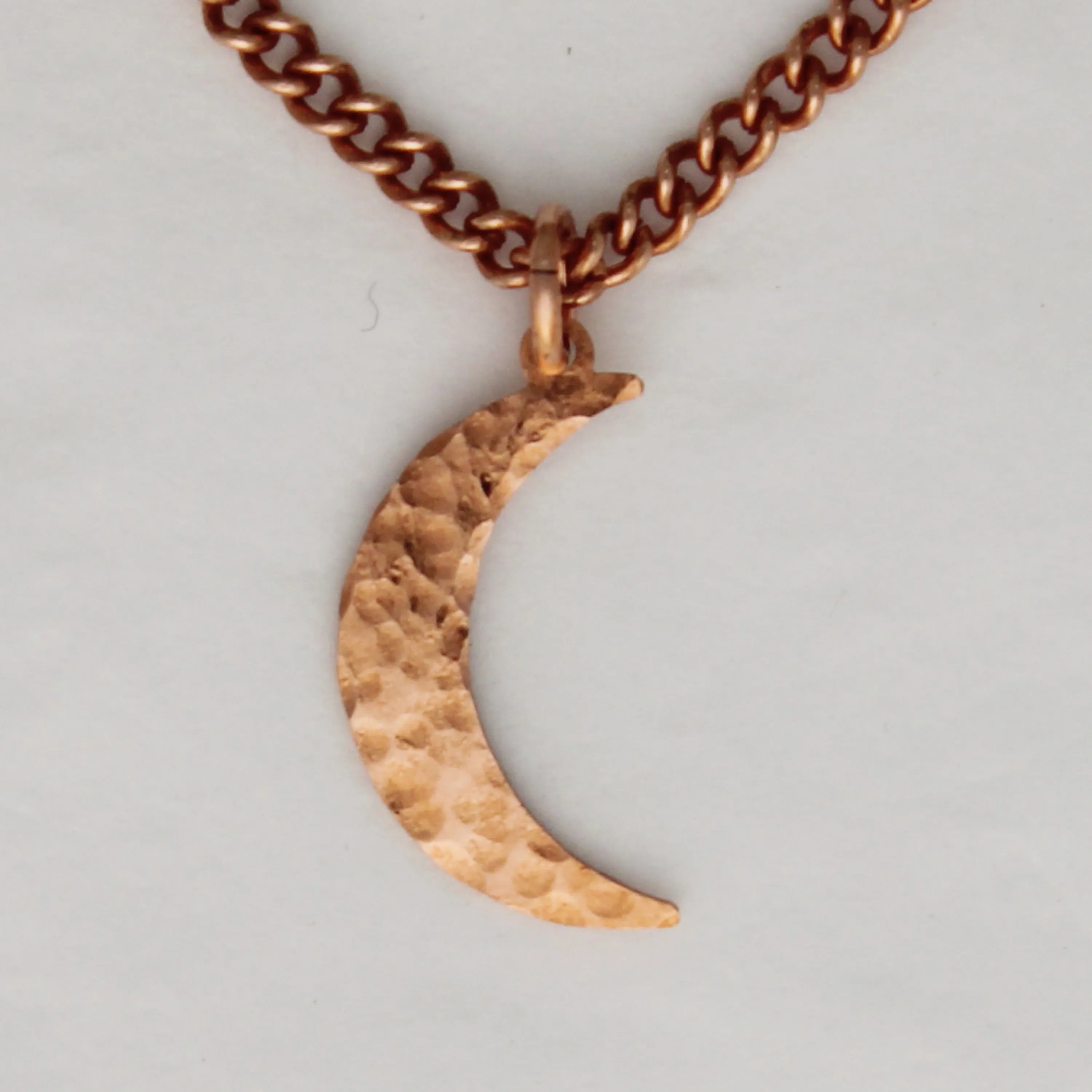 Copper Crescent Moon Charm Necklace Hammered Copper Moon Pendant Solid Copper Curb Chain Necklace