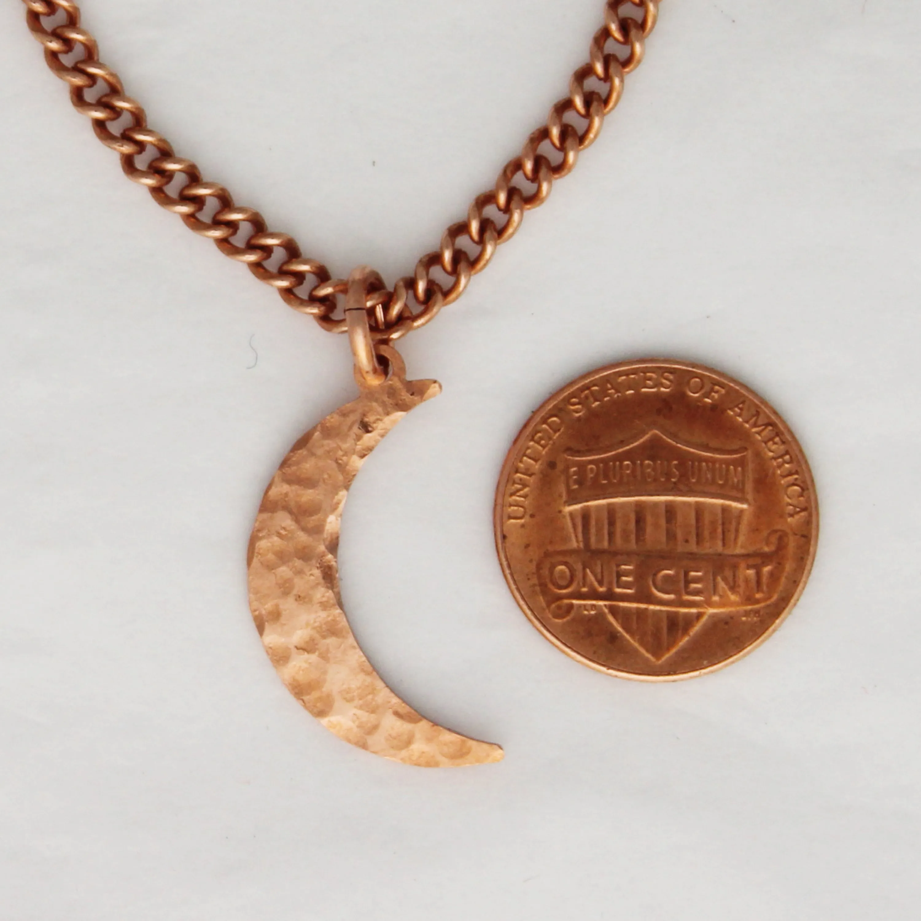 Copper Crescent Moon Charm Necklace Hammered Copper Moon Pendant Solid Copper Curb Chain Necklace