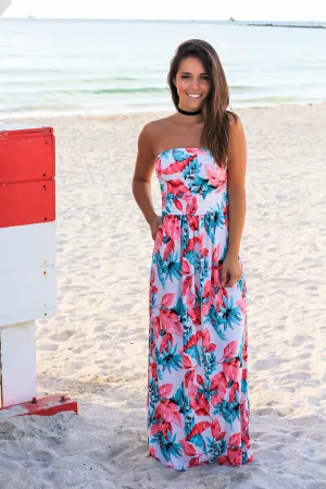 Coral and Aqua Strapless Floral Maxi Dress