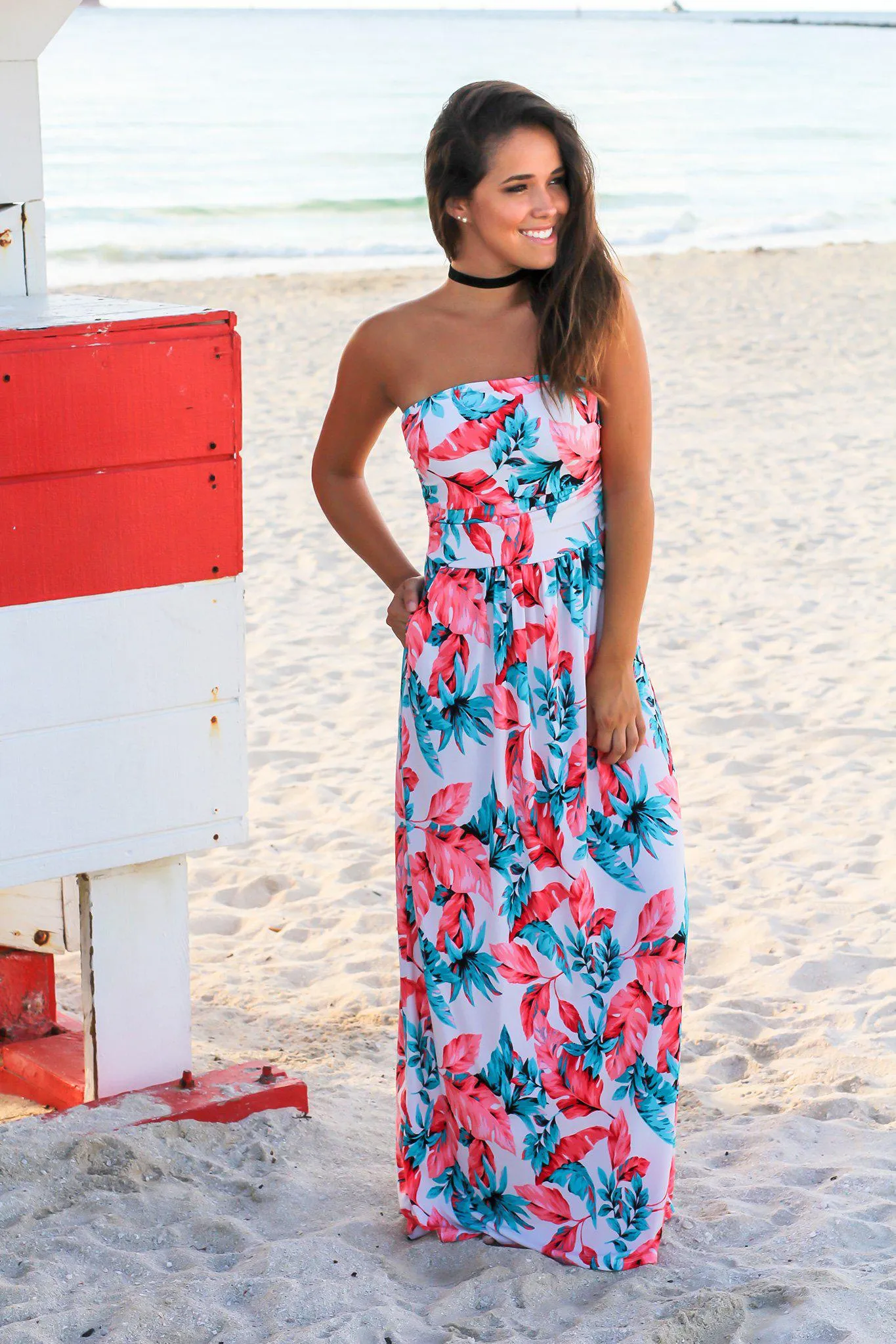 Coral and Aqua Strapless Floral Maxi Dress