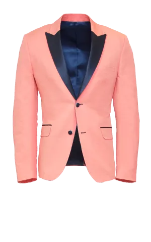 CORAL PINK FITTED 2-BUTTON SINGLE BREASTED WOOL SUIT JACKET W/ NAVY SATIN LAPEL