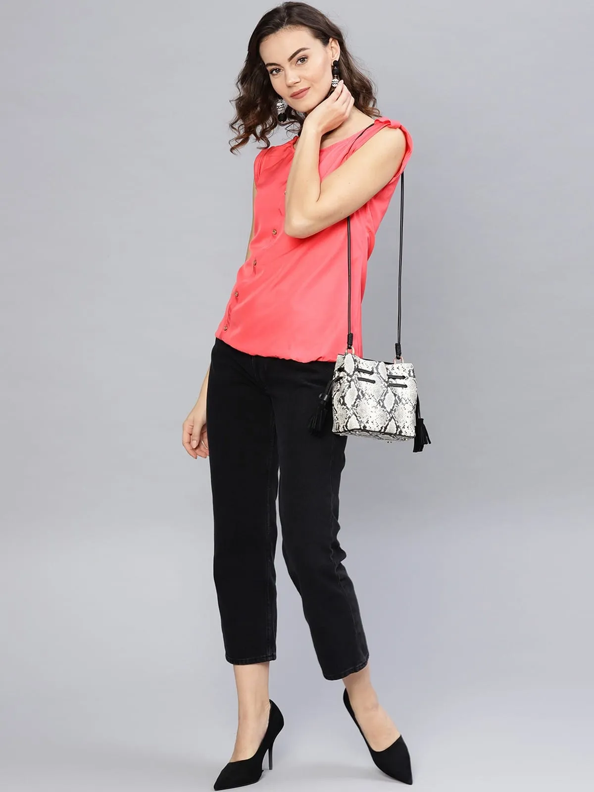 Coral Top With Fake Shoulder-Tab