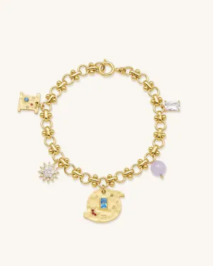 Cosmos Round Multi Charm Bracelet - 18ct Gold Plated & Multicolor Zircon & Purple Beads