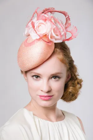 Damascus: Coral Derby Fascinator with Pink Roses