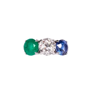 Emerald and Sapphire Diamond Three Stone Ring