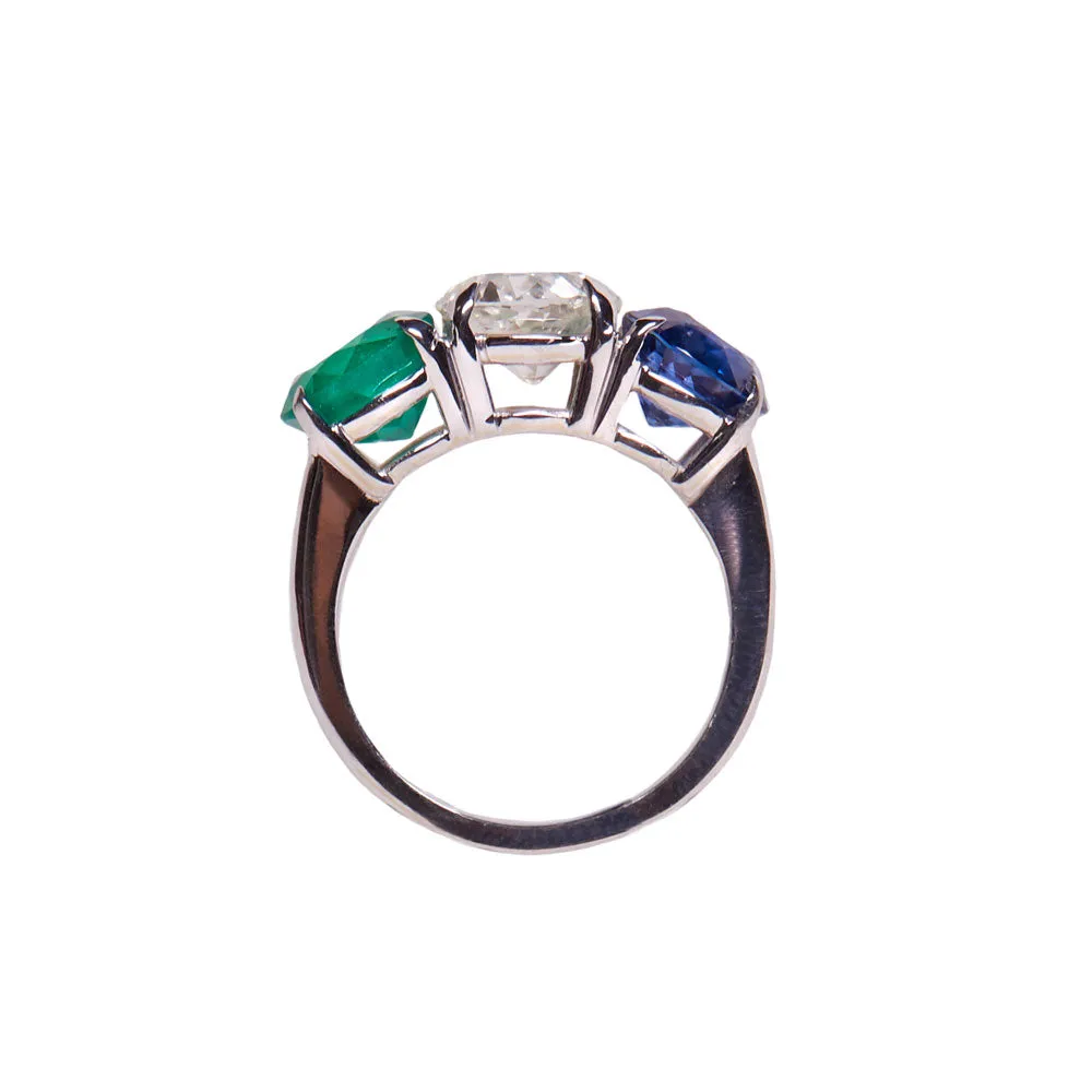 Emerald and Sapphire Diamond Three Stone Ring