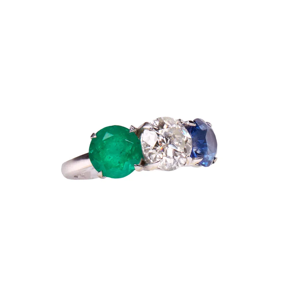 Emerald and Sapphire Diamond Three Stone Ring