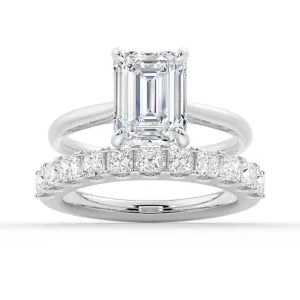 Emerald Cut Hidden Halo Moissanite Ring Set with Matching Wedding Band