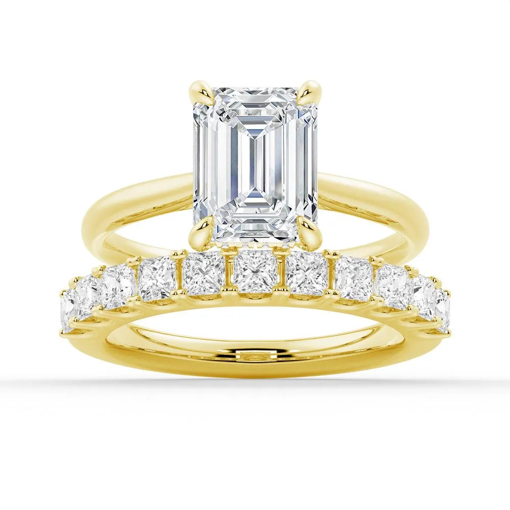 Emerald Cut Hidden Halo Moissanite Ring Set with Matching Wedding Band