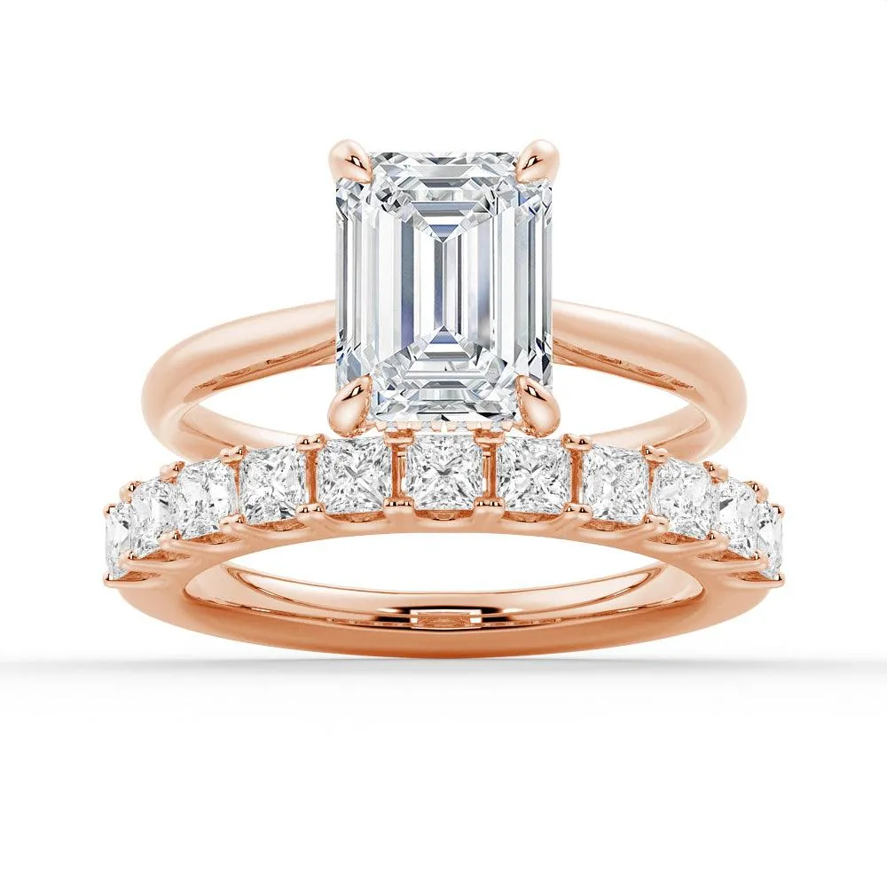 Emerald Cut Hidden Halo Moissanite Ring Set with Matching Wedding Band