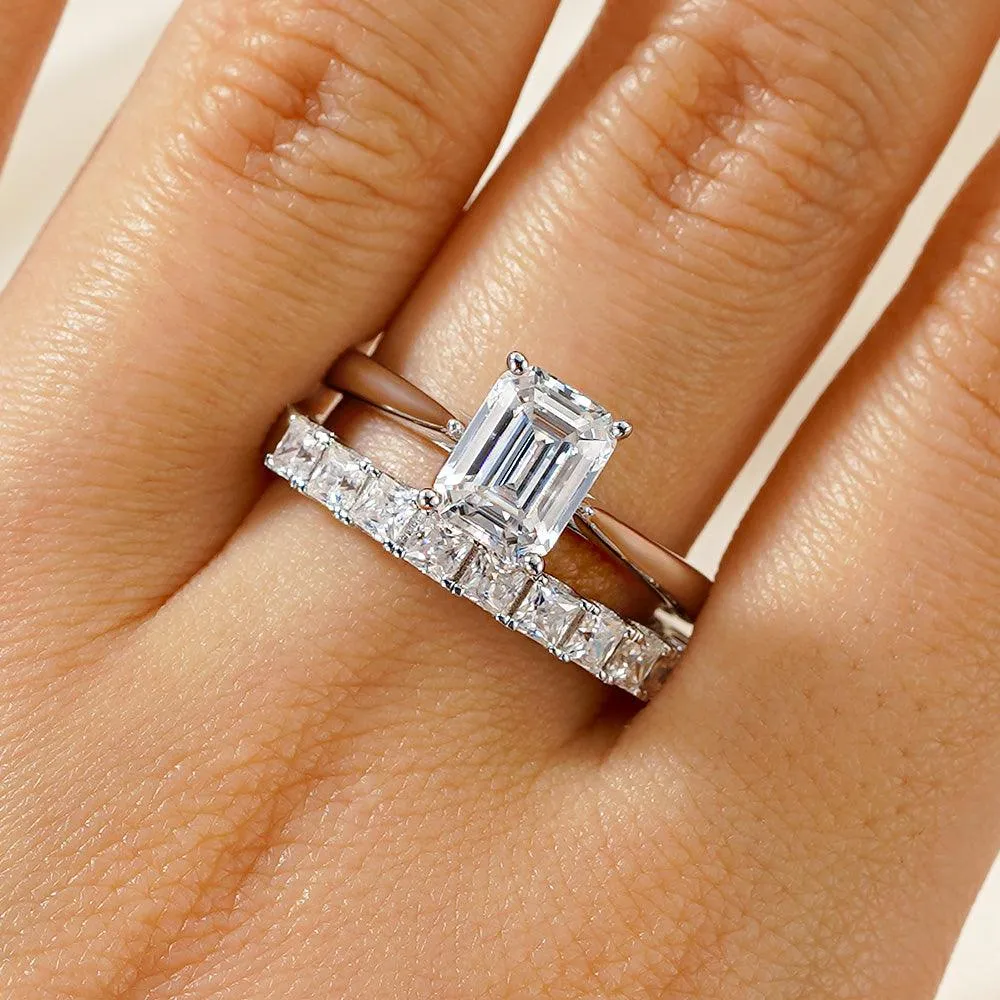 Emerald Cut Hidden Halo Moissanite Ring Set with Matching Wedding Band