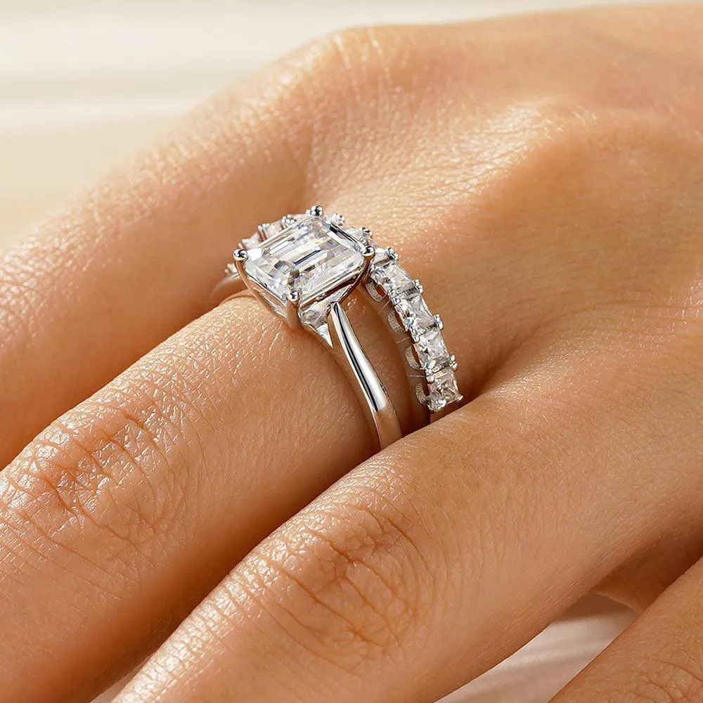 Emerald Cut Hidden Halo Moissanite Ring Set with Matching Wedding Band