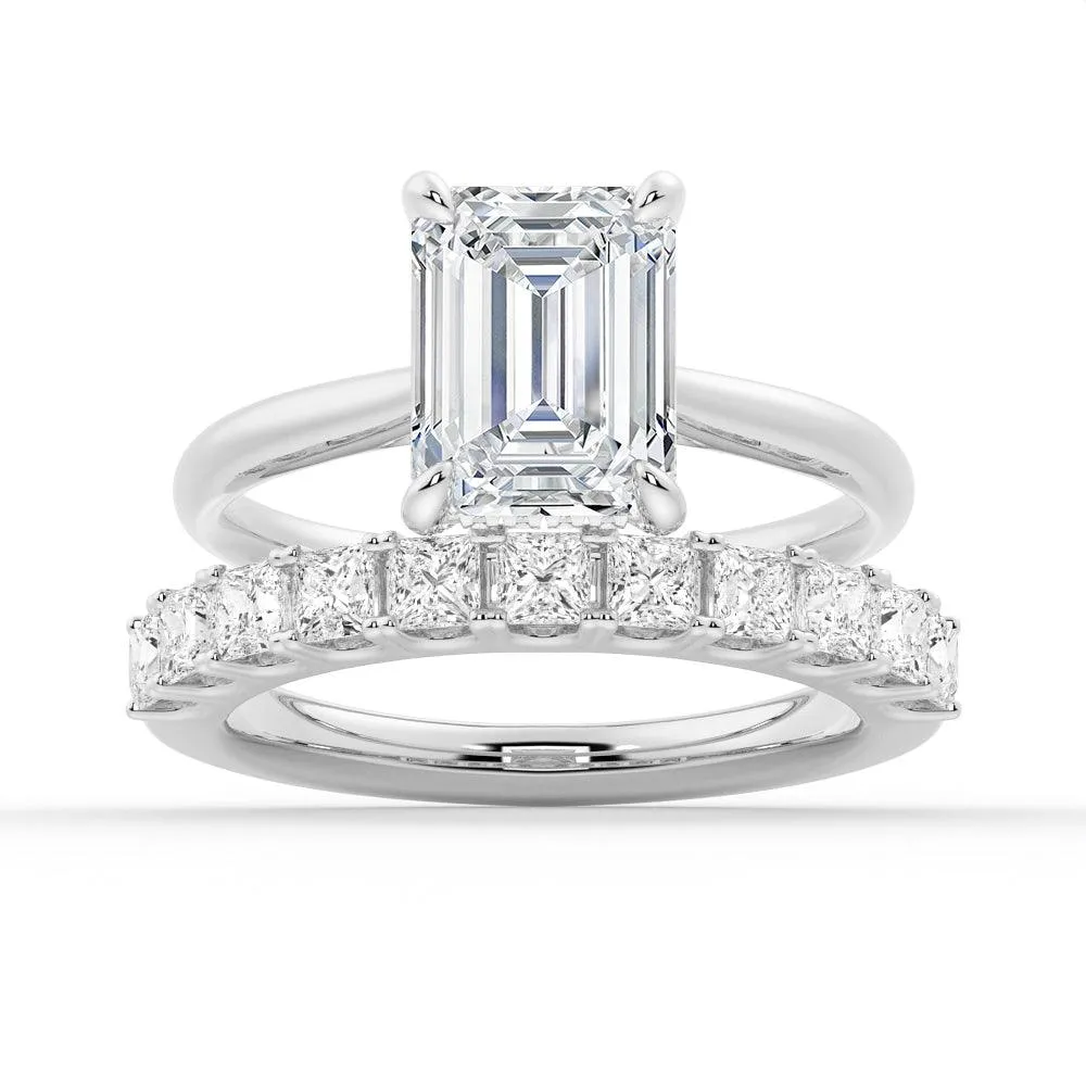 Emerald Cut Hidden Halo Moissanite Ring Set with Matching Wedding Band