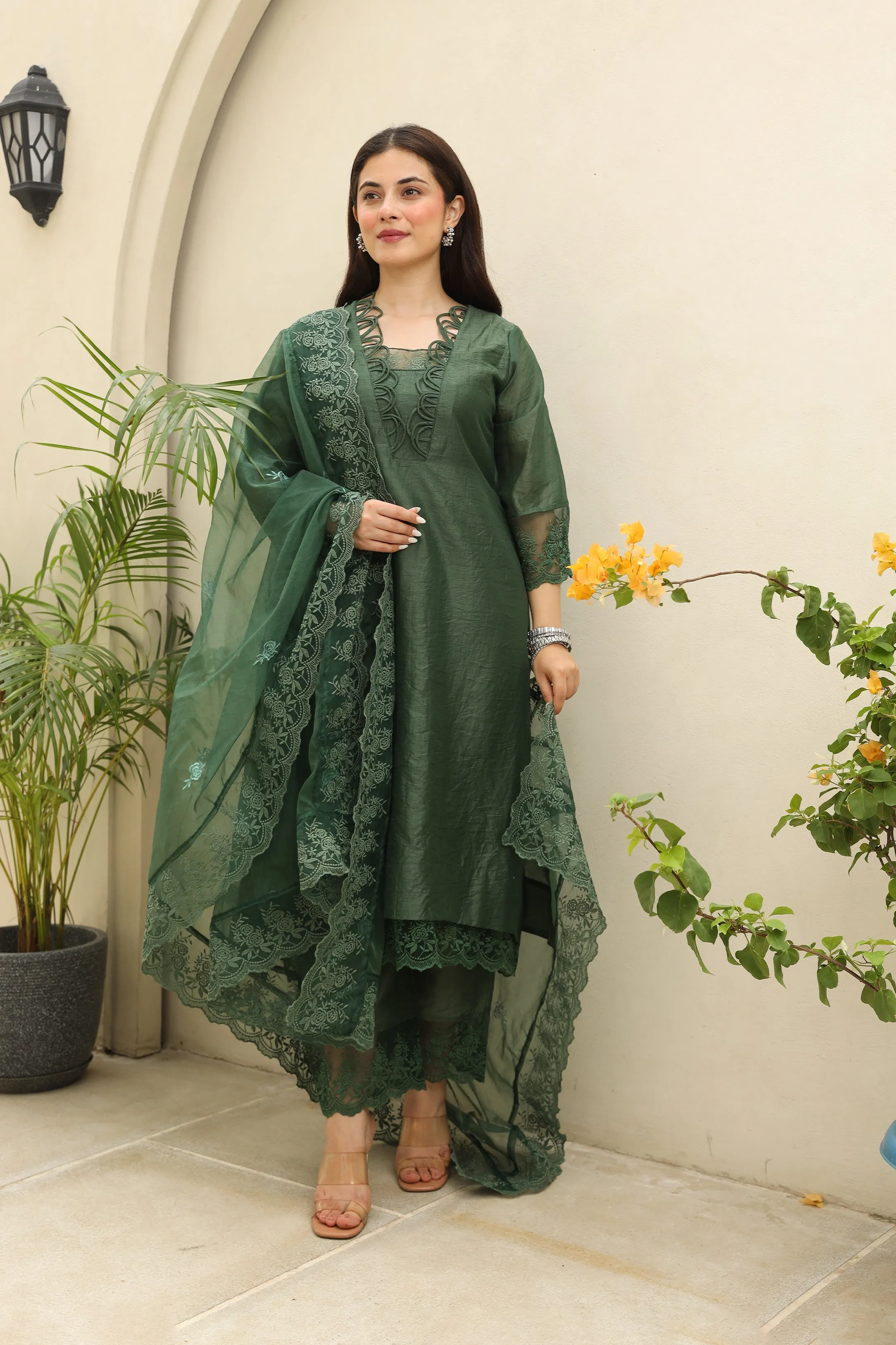 Emerald Elegance Chanderi fabric suit set