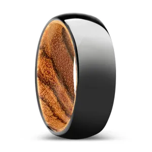 ENCHANT | Bocote Wood, Black Tungsten Ring, Shiny, Domed Tungsten